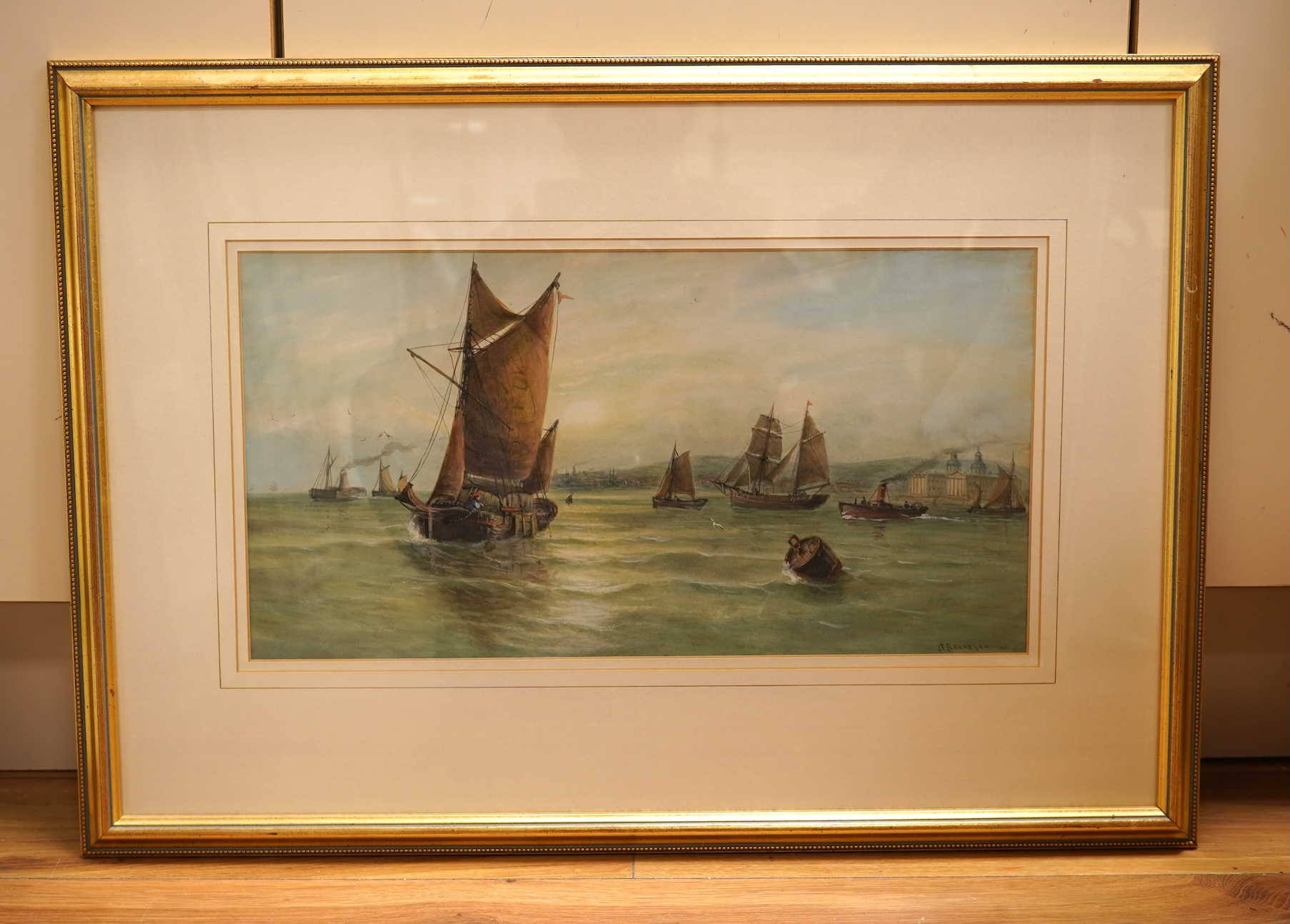 John Francis Branegan (1843-1909), Shipping off Liverpool, signed, watercolour, 24 x 48cm
